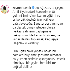 Zeynep Bastık Konser Gelirini Emine Bulut'un Kızına Bağışladı!