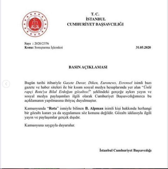 İstanbul Cumhuriyet Başsavcılığından Rota Hakkında Basın Açıklaması