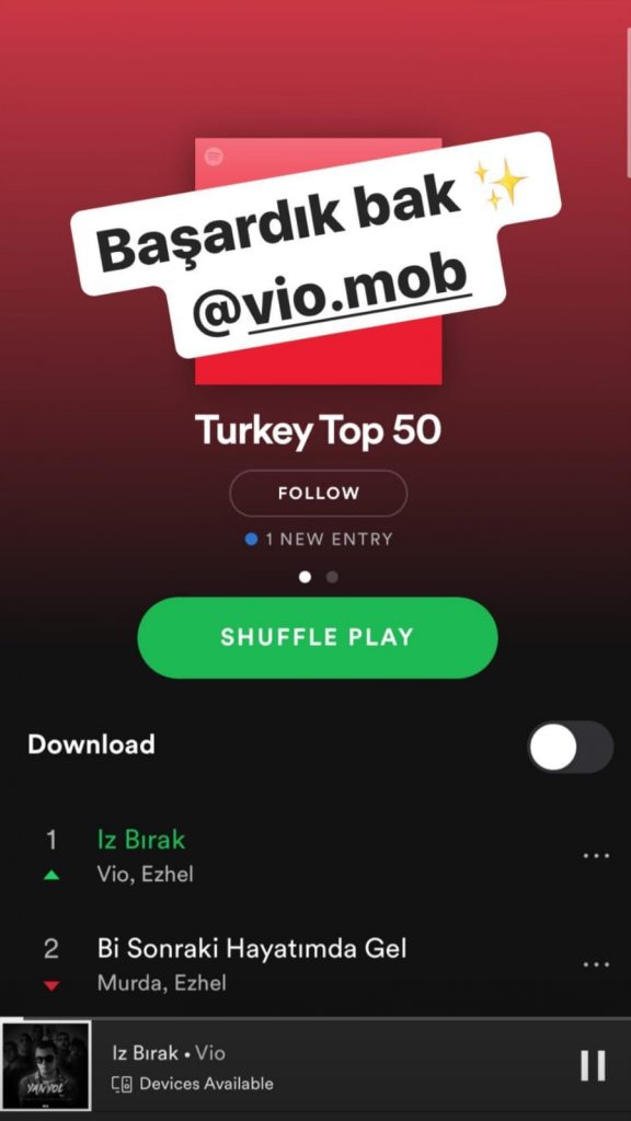 Vio Spotify Türkçe Rap Listesinde 1. Sırada!