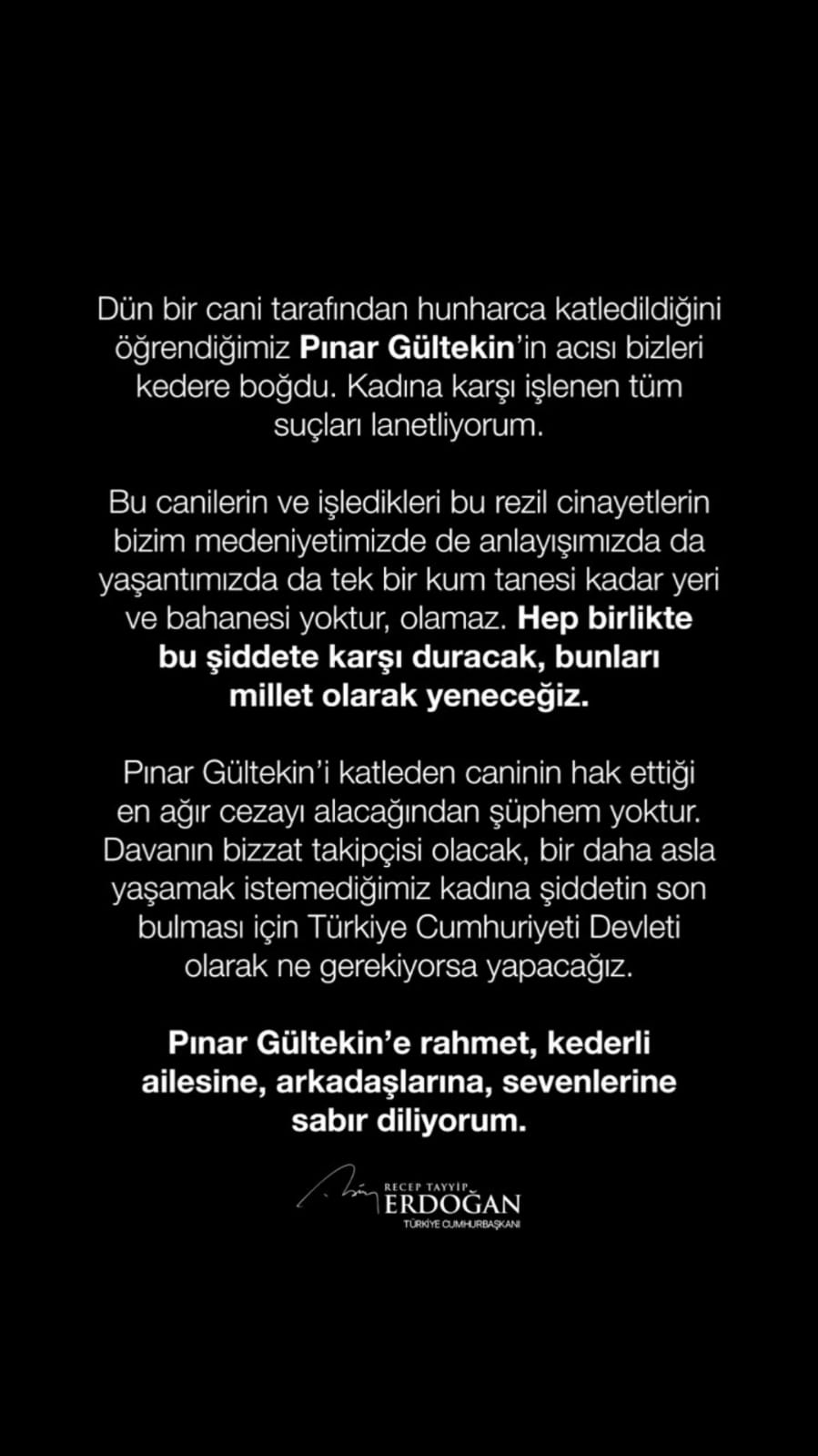 Cumhurbaşkanı Vahşice Katledilen Pınar Gültekin İçin İnstagram'dan Açıklama Yaptı