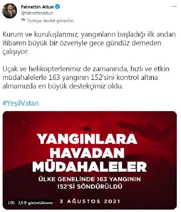 Altun:  Uçak ve helikopterlerimiz, 163 yangının 152'sini denetim altına almamızda en büyük destekçimiz